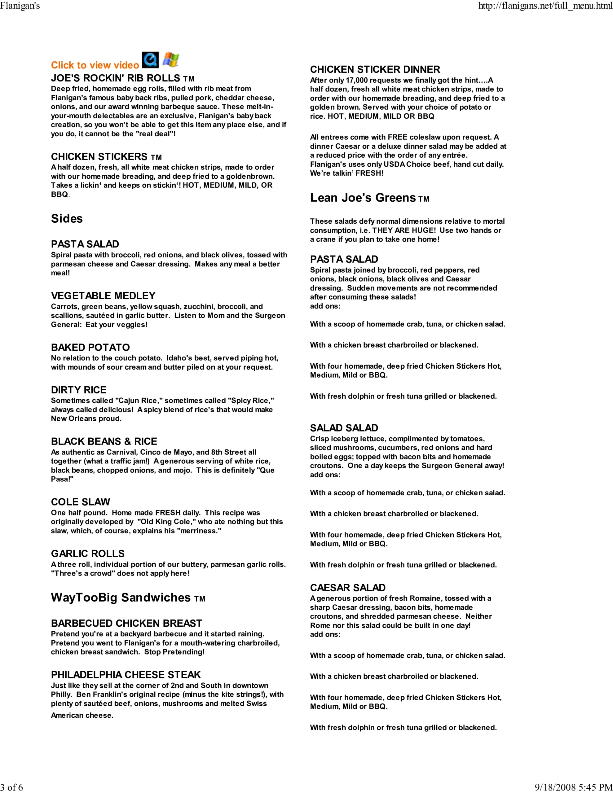Flanigan's Menu