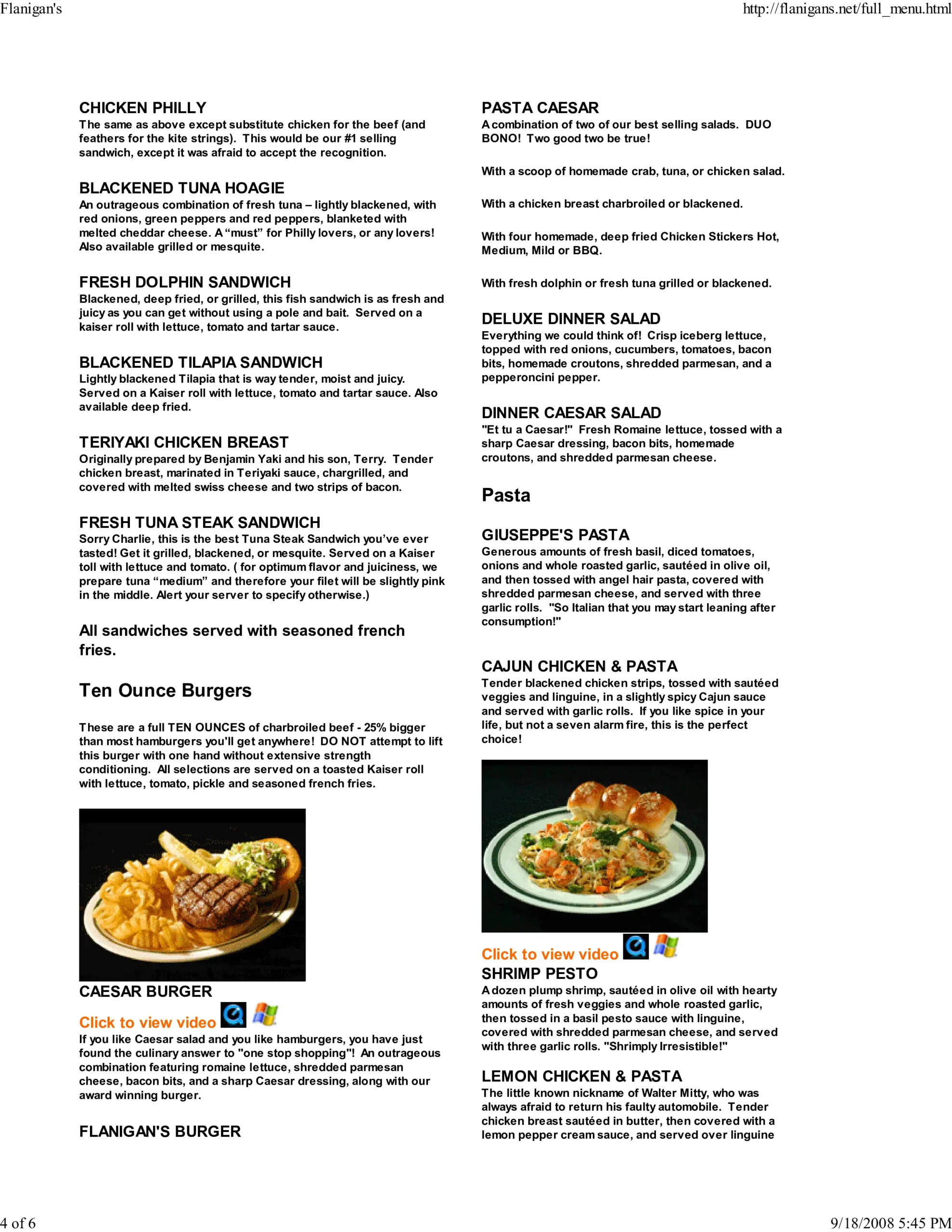 Flanigan's Menu