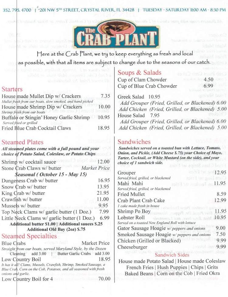 The Crab Plant Menu 